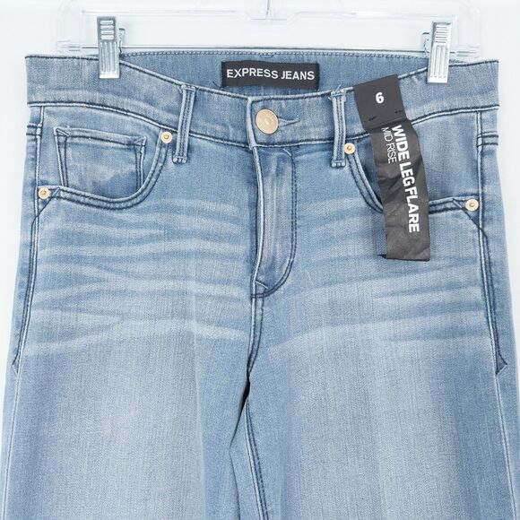 Express Mid Rise Wide Leg Flare Jeans Womens 6R Blue Raw Hem Boho Retro Hippie - Picture 8 of 16